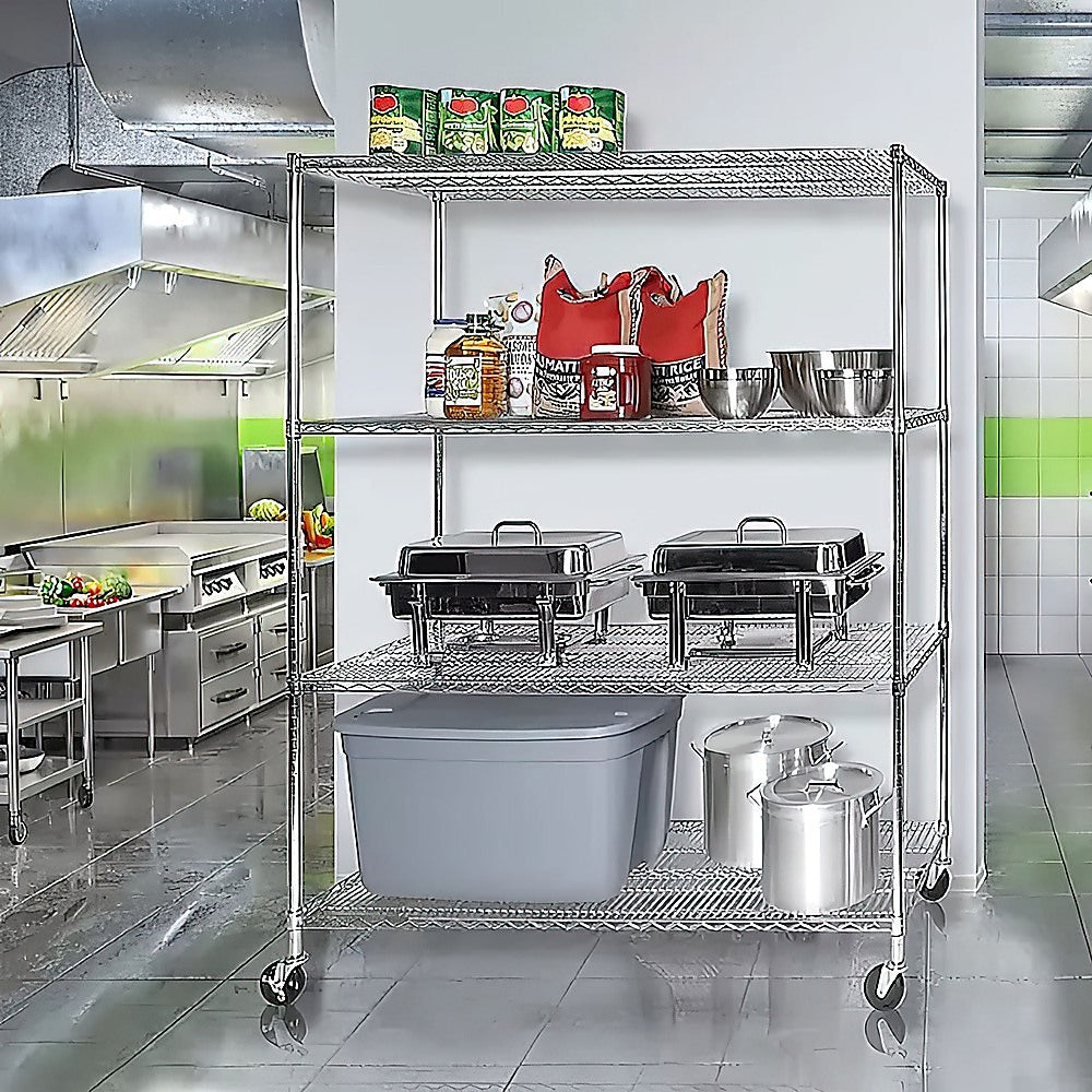 Modular Wire Storage 150x60cm Steel Shelving Chrome With Wheels For Garage Warehouse Or Kitchen Organisation