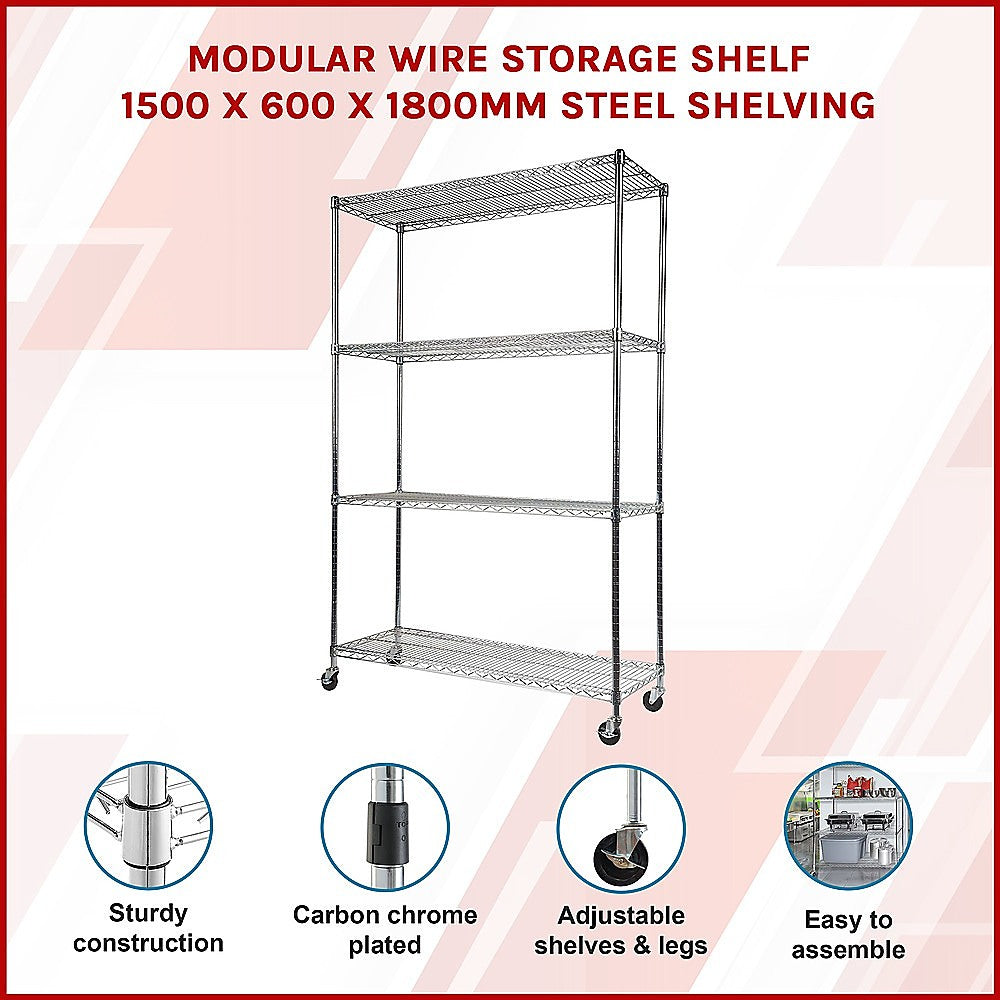 Modular Wire Storage 150x60cm Steel Shelving Chrome With Wheels For Garage Warehouse Or Kitchen Organisation