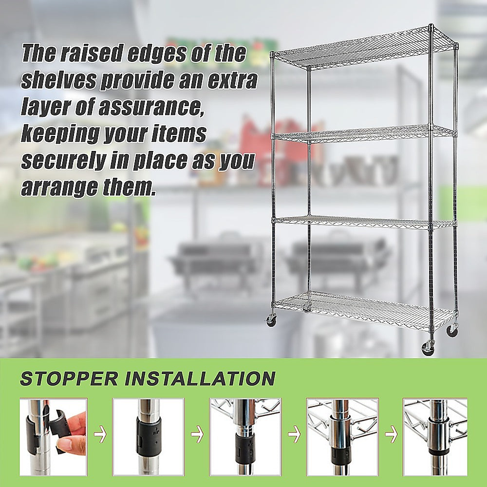 Modular Wire Storage 150x60cm Steel Shelving Chrome With Wheels For Garage Warehouse Or Kitchen Organisation