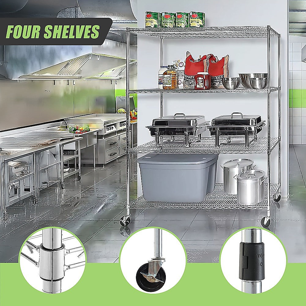 Modular Wire Storage 150x60cm Steel Shelving Chrome With Wheels For Garage Warehouse Or Kitchen Organisation