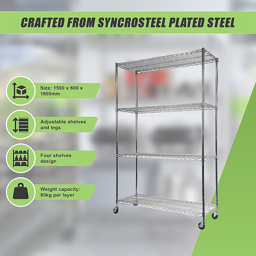 Modular Wire Storage 150x60cm Steel Shelving Chrome With Wheels For Garage Warehouse Or Kitchen Organisation