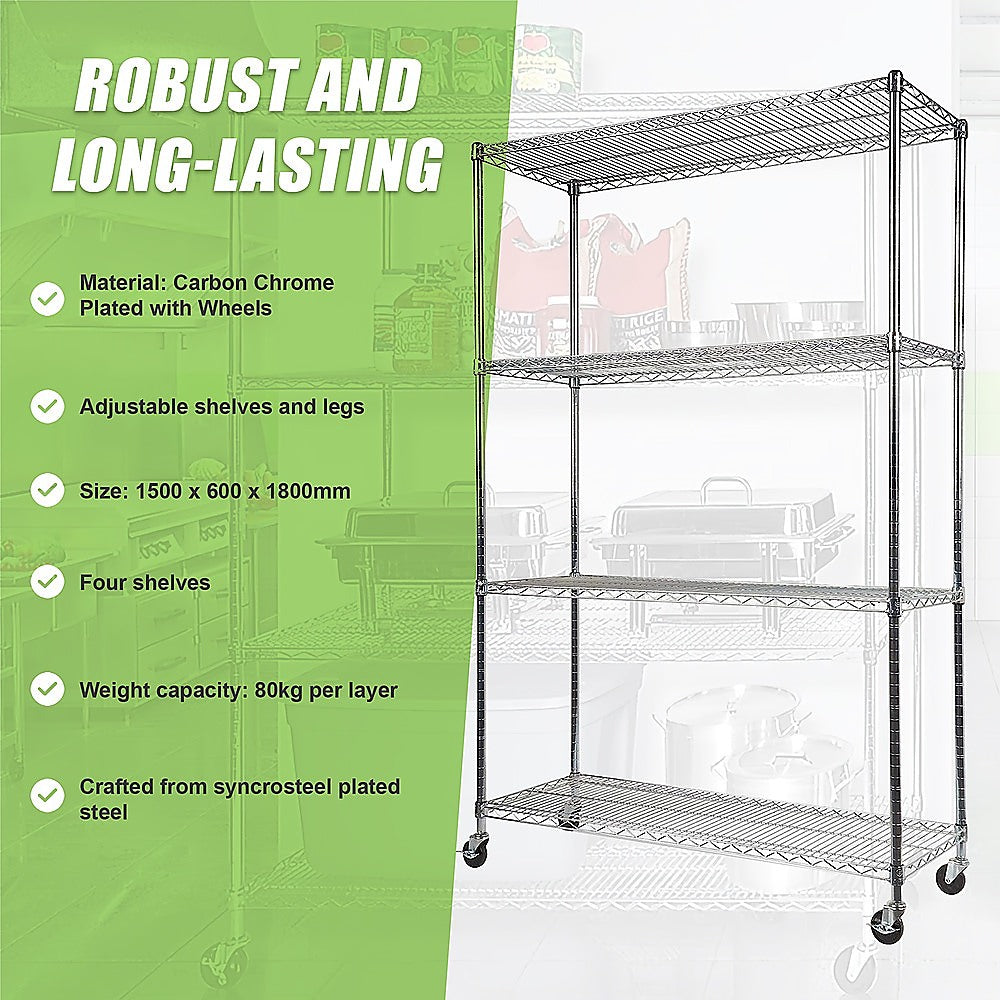 Modular Wire Storage 150x60cm Steel Shelving Chrome With Wheels For Garage Warehouse Or Kitchen Organisation