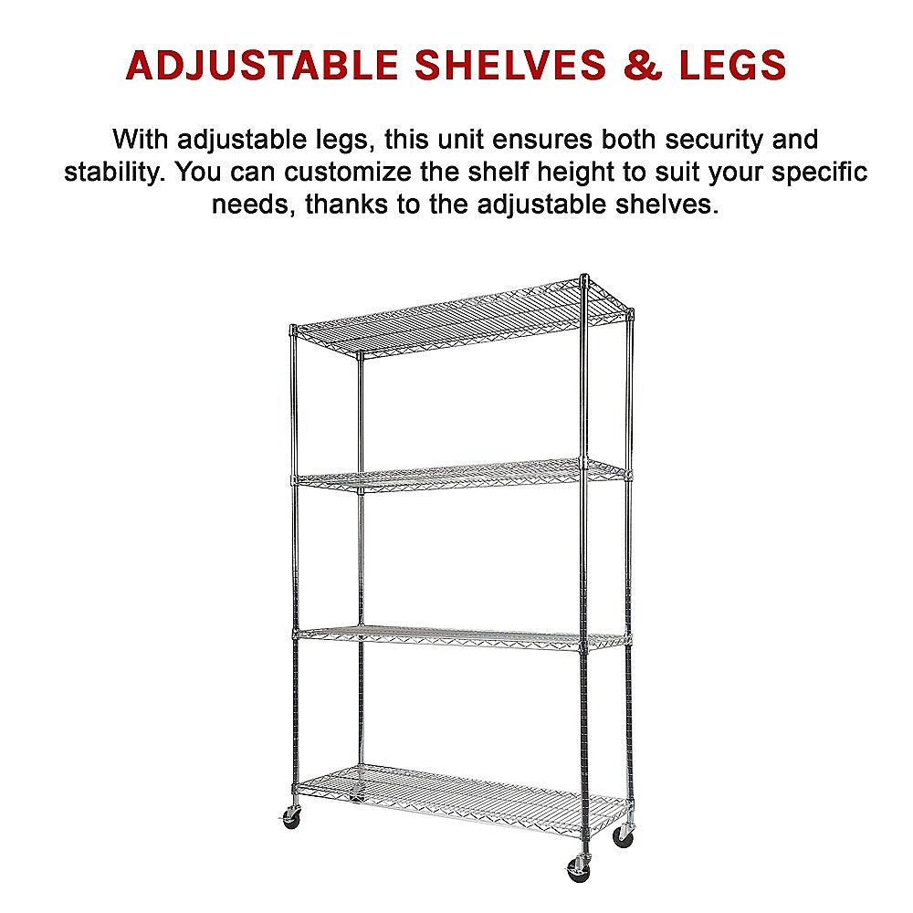 Modular Wire Storage 150x60cm Steel Shelving Chrome With Wheels For Garage Warehouse Or Kitchen Organisation