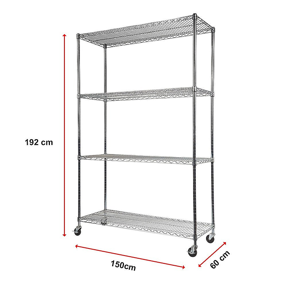 Modular Wire Storage 150x60cm Steel Shelving Chrome With Wheels For Garage Warehouse Or Kitchen Organisation