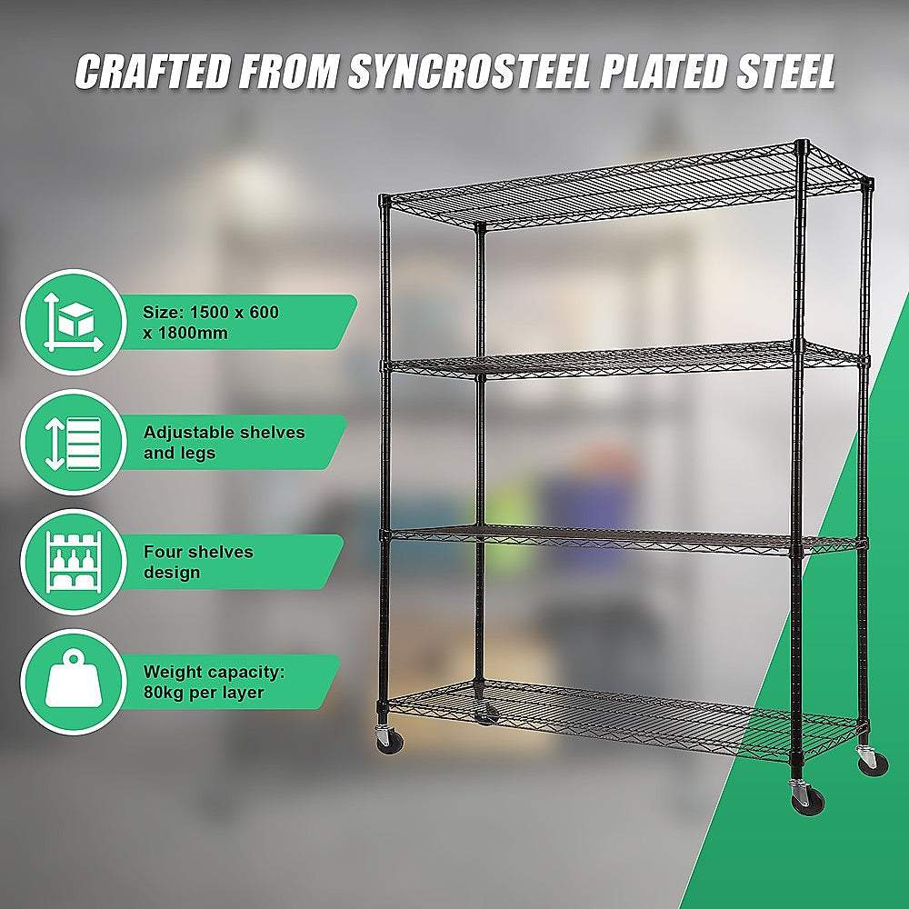 Modular Wire Storage 150x60cm Steel Shelving Black With Wheels For Garage Warehouse Or Kitchen Organisation