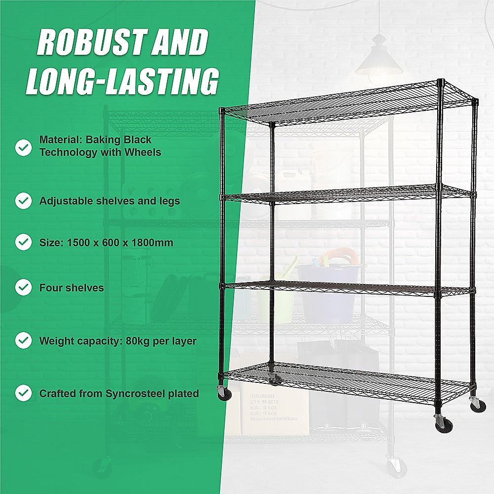 Modular Wire Storage 150x60cm Steel Shelving Black With Wheels For Garage Warehouse Or Kitchen Organisation
