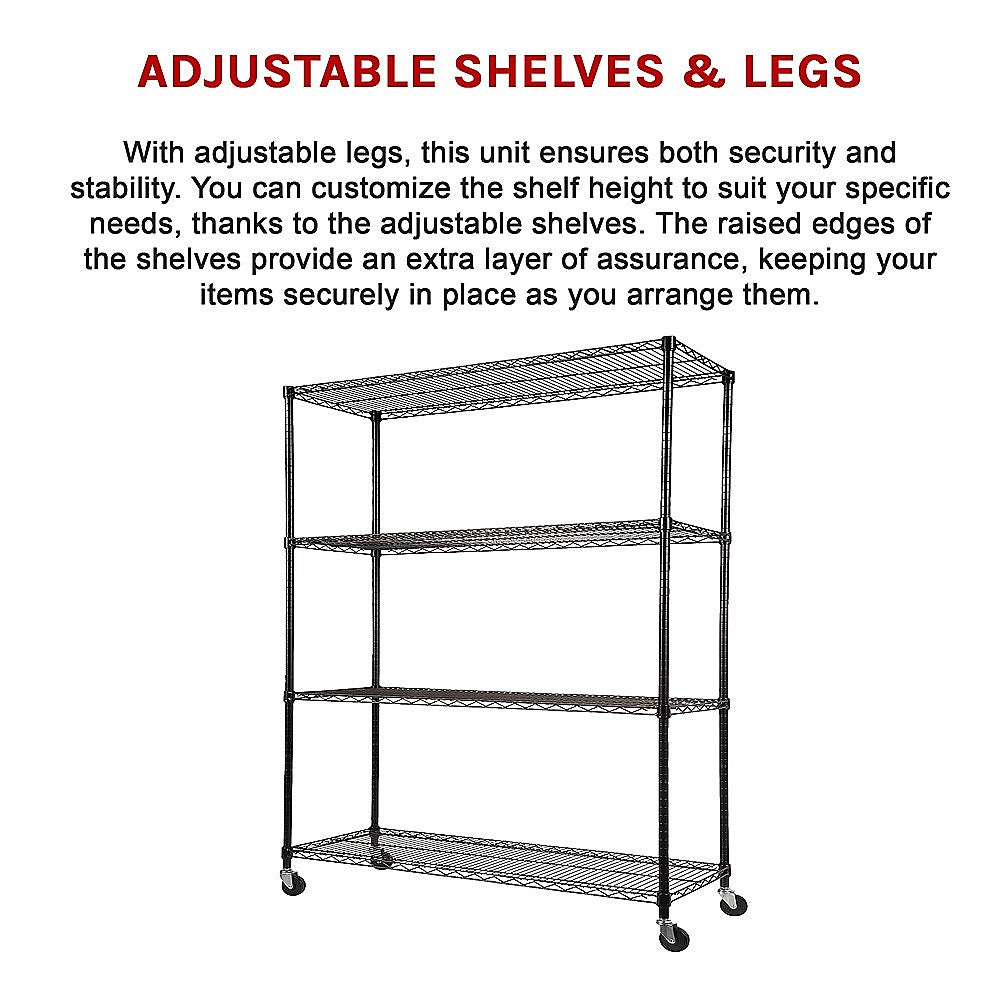 Modular Wire Storage 150x60cm Steel Shelving Black With Wheels For Garage Warehouse Or Kitchen Organisation