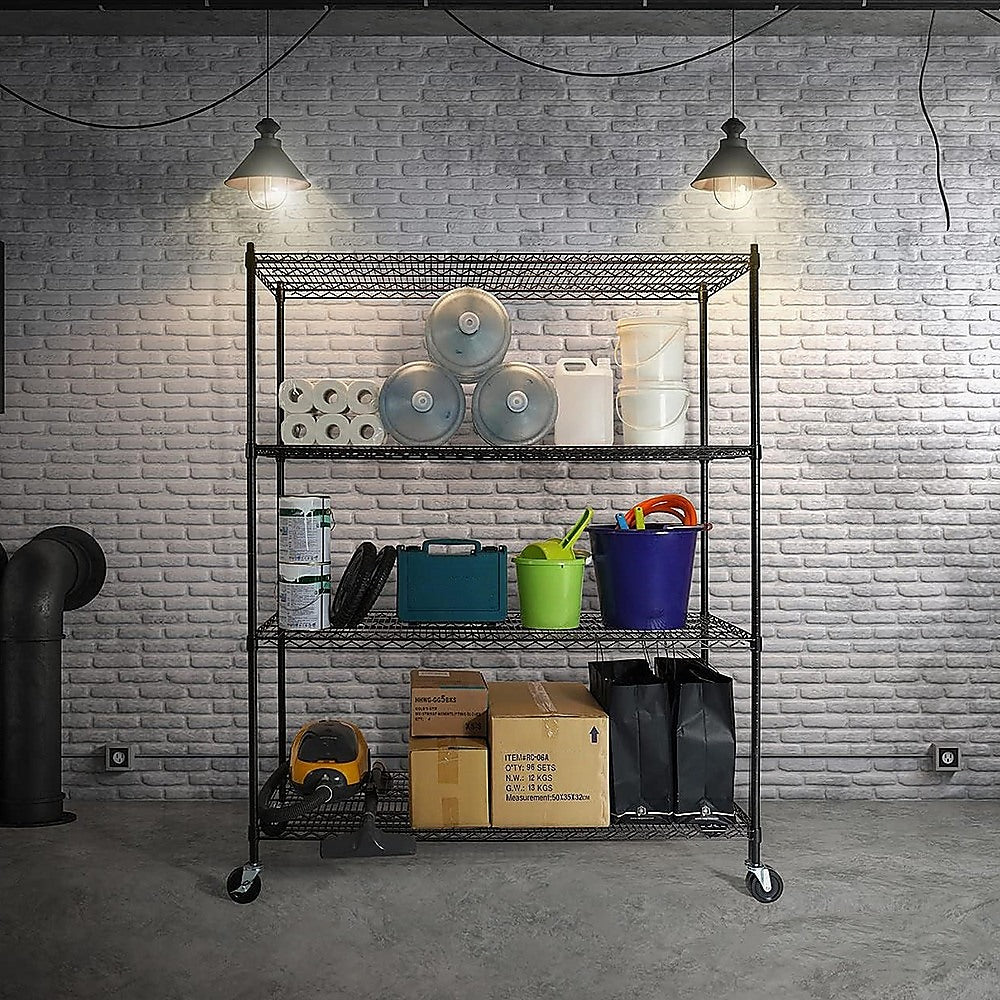 Modular Wire Storage 150x60cm Steel Shelving Black With Wheels For Garage Warehouse Or Kitchen Organisation
