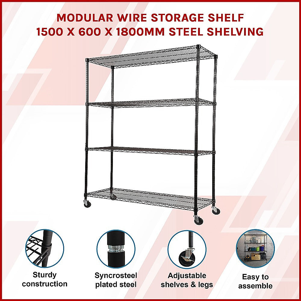 Modular Wire Storage 150x60cm Steel Shelving Black With Wheels For Garage Warehouse Or Kitchen Organisation