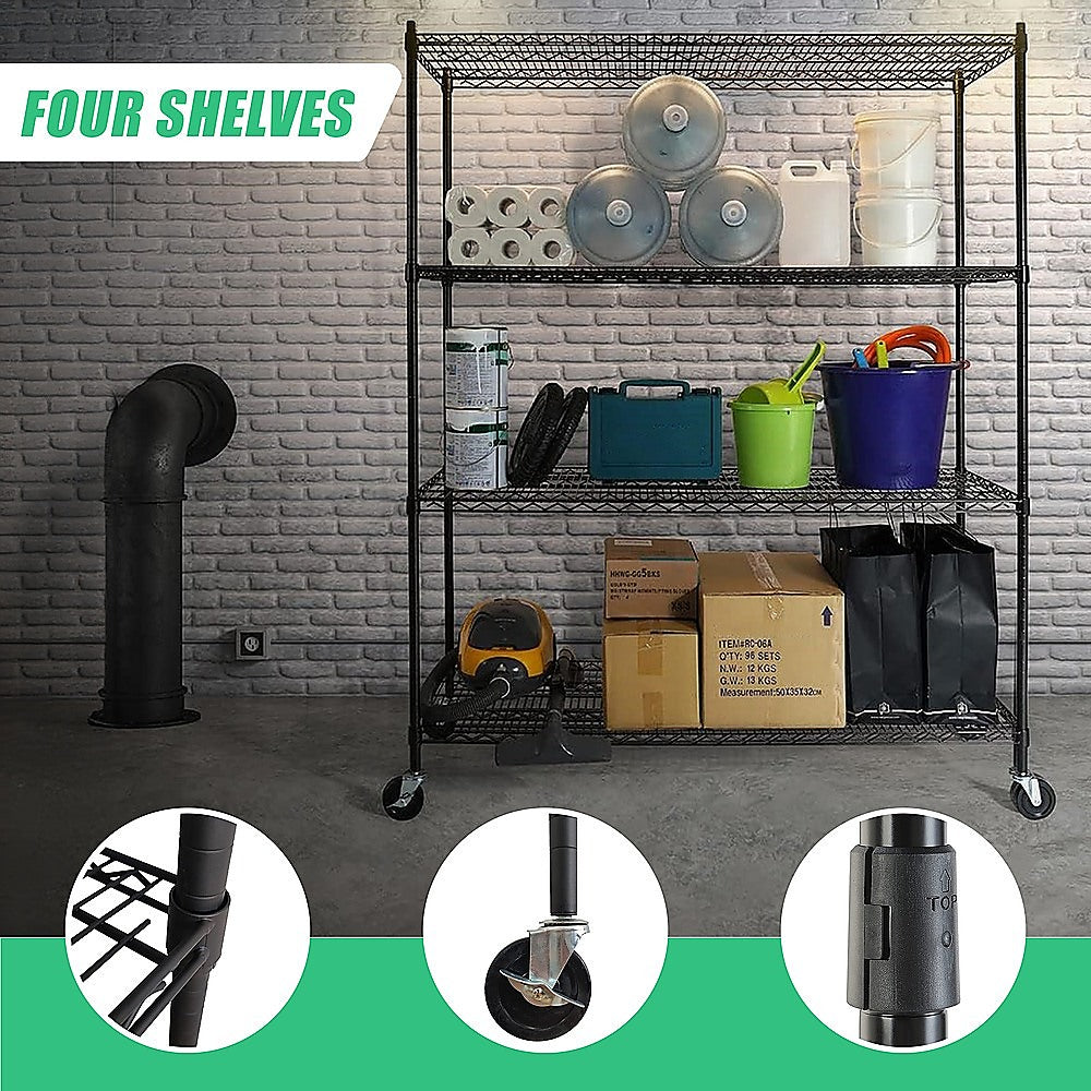 Modular Wire Storage 150x60cm Steel Shelving Black With Wheels For Garage Warehouse Or Kitchen Organisation