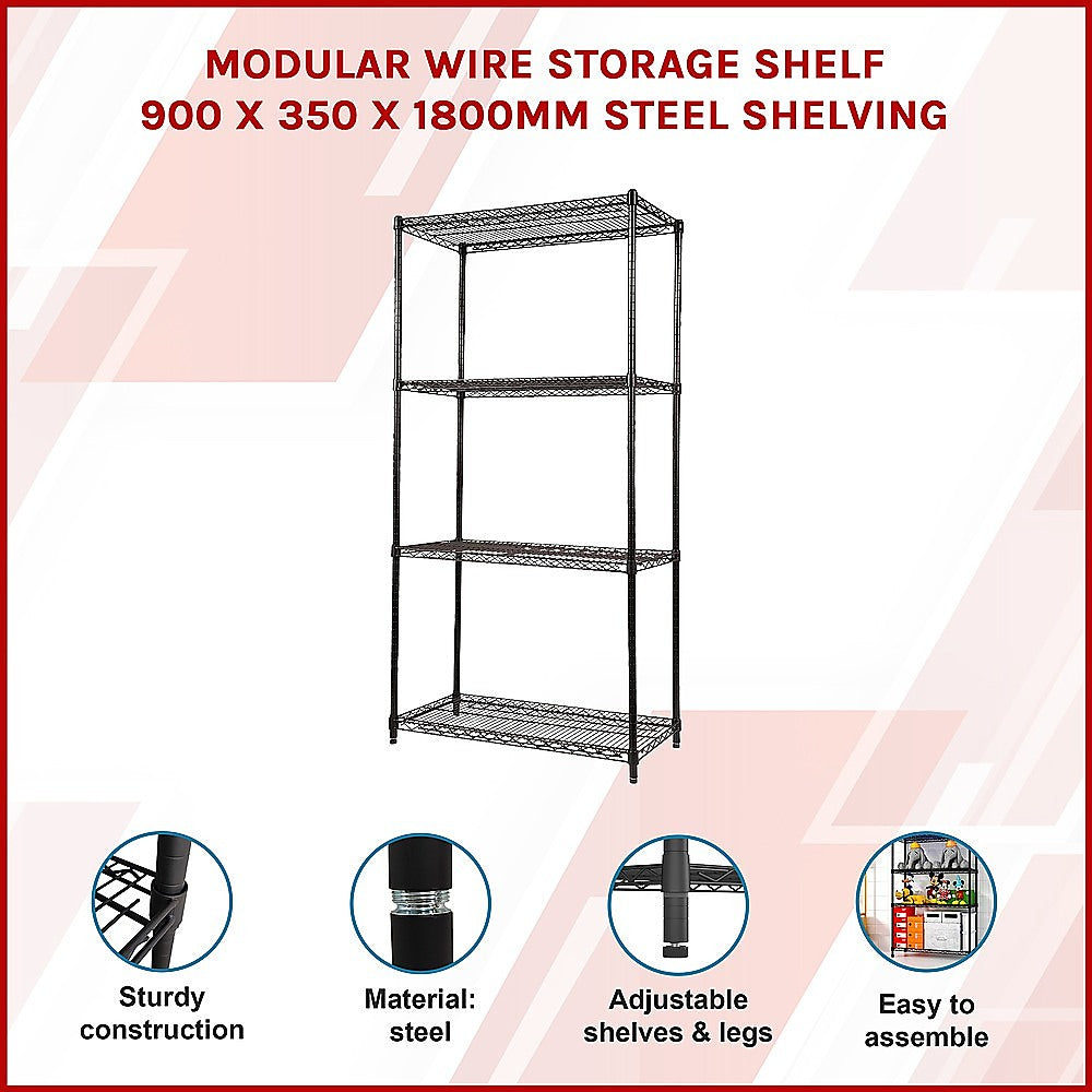 Modular Wire Storage 90x35cm Steel Shelving Black With Fixed