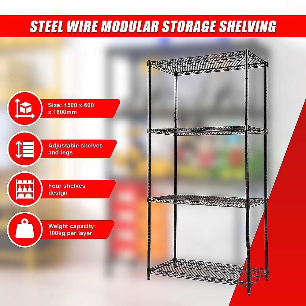 Modular Wire Storage 90x35cm Steel Shelving Black With Fixed