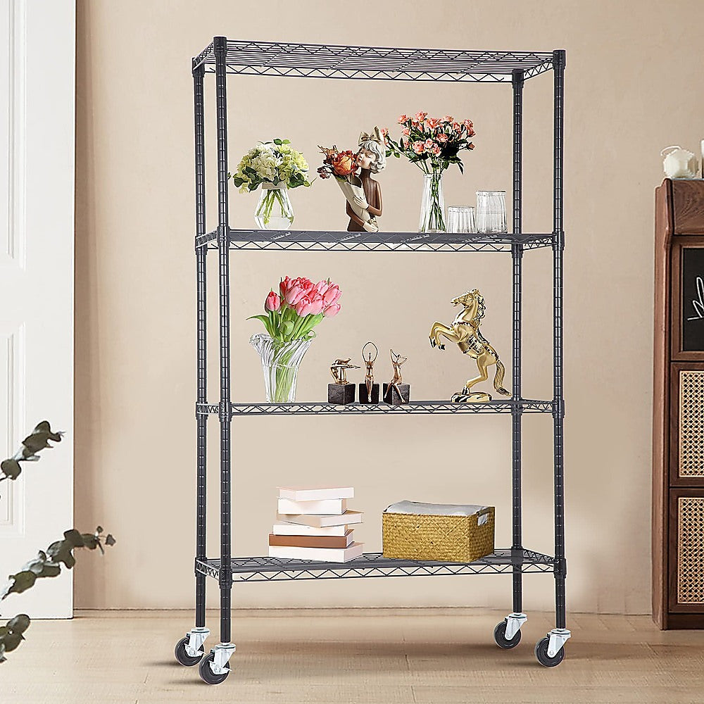 Modular Wire Storage 90x35cm Steel Shelving Black With Wheels For Garage Warehouse Or Kitchen Organisation