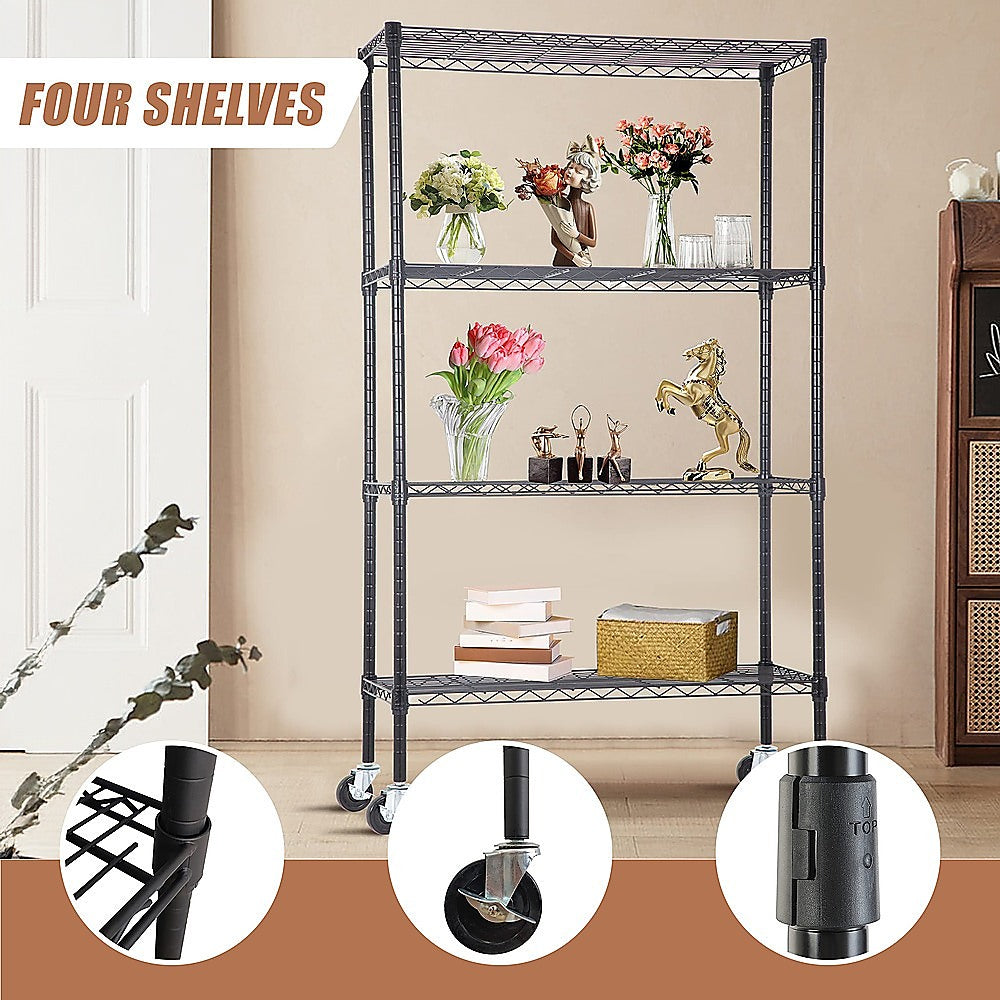 Modular Wire Storage 90x35cm Steel Shelving Black With Wheels For Garage Warehouse Or Kitchen Organisation