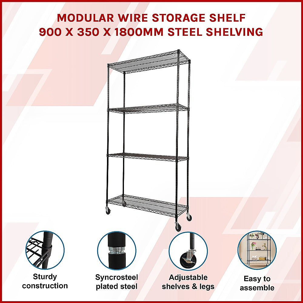 Modular Wire Storage 90x35cm Steel Shelving Black With Wheels For Garage Warehouse Or Kitchen Organisation