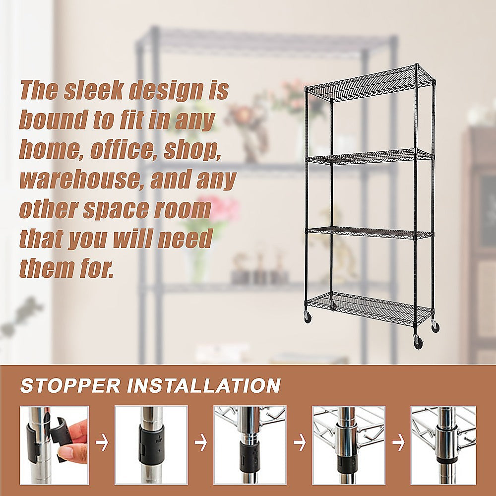 Modular Wire Storage 90x35cm Steel Shelving Black With Wheels For Garage Warehouse Or Kitchen Organisation