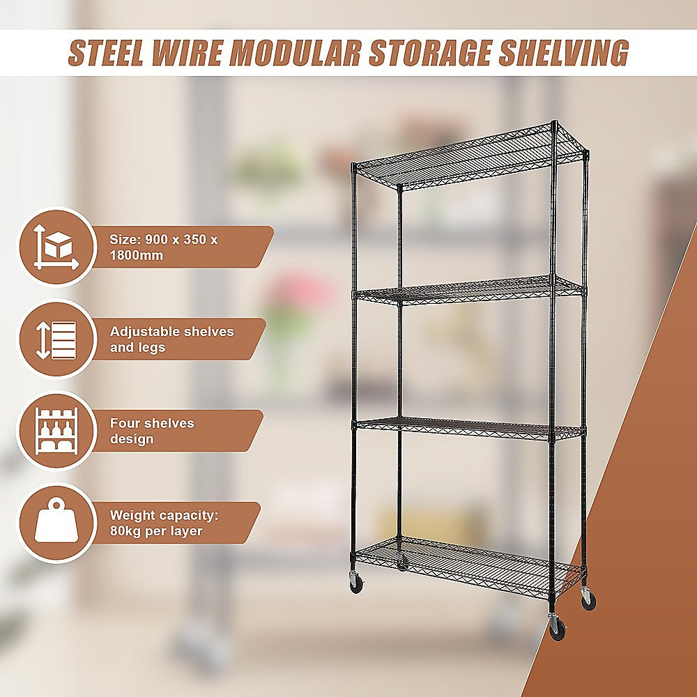 Modular Wire Storage 90x35cm Steel Shelving Black With Wheels For Garage Warehouse Or Kitchen Organisation