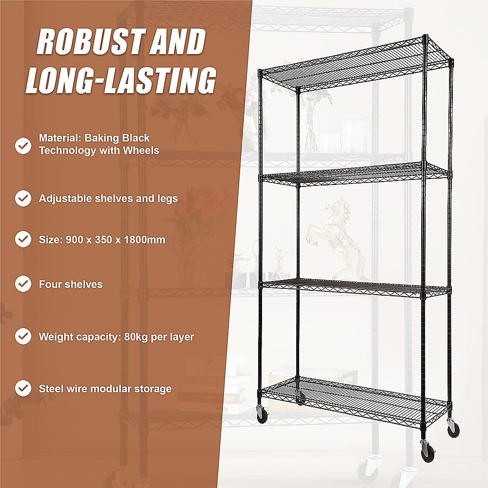 Modular Wire Storage 90x35cm Steel Shelving Black With Wheels For Garage Warehouse Or Kitchen Organisation