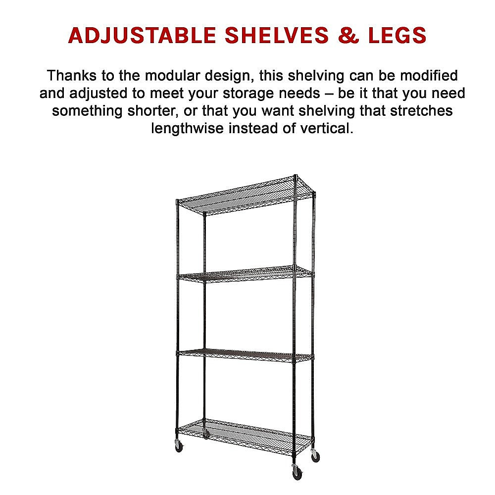 Modular Wire Storage 90x35cm Steel Shelving Black With Wheels For Garage Warehouse Or Kitchen Organisation