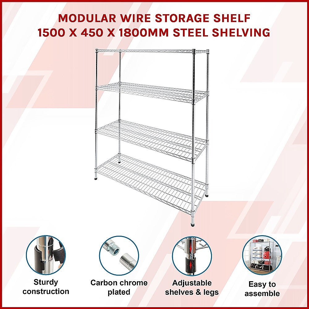 Modular Wire Storage 150x45cm Steel Shelving Chrome With Fixed Legs For Garage Warehouse Or Kitchen Organisation