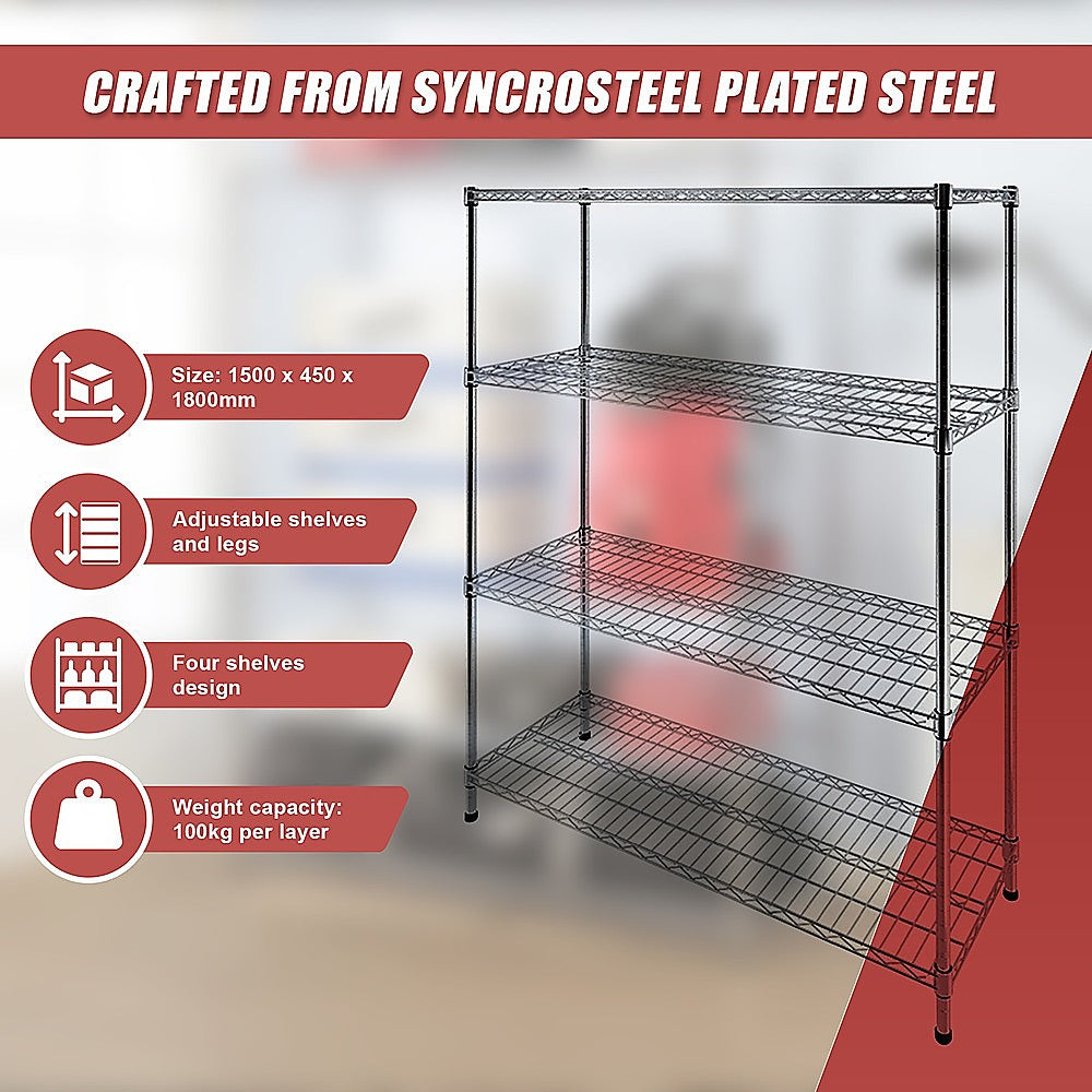 Modular Wire Storage 150x45cm Steel Shelving Chrome With Fixed Legs For Garage Warehouse Or Kitchen Organisation