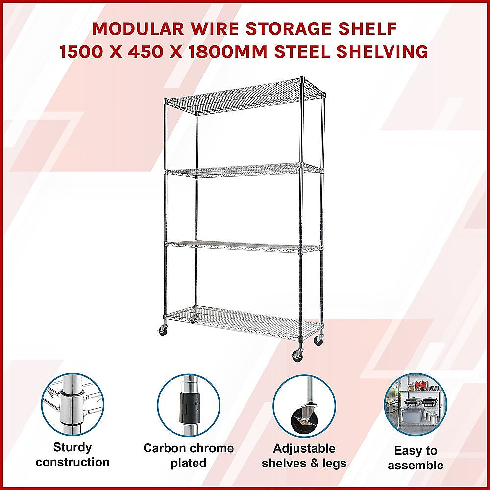 Modular Wire Storage 150x45cm Steel Shelving Chrome With Wheels For Garage Warehouse Or Kitchen Organisation
