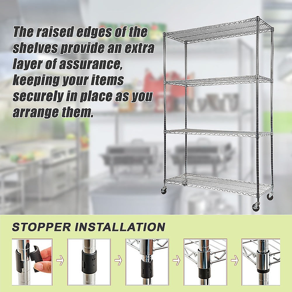 Modular Wire Storage 150x45cm Steel Shelving Chrome With Wheels For Garage Warehouse Or Kitchen Organisation