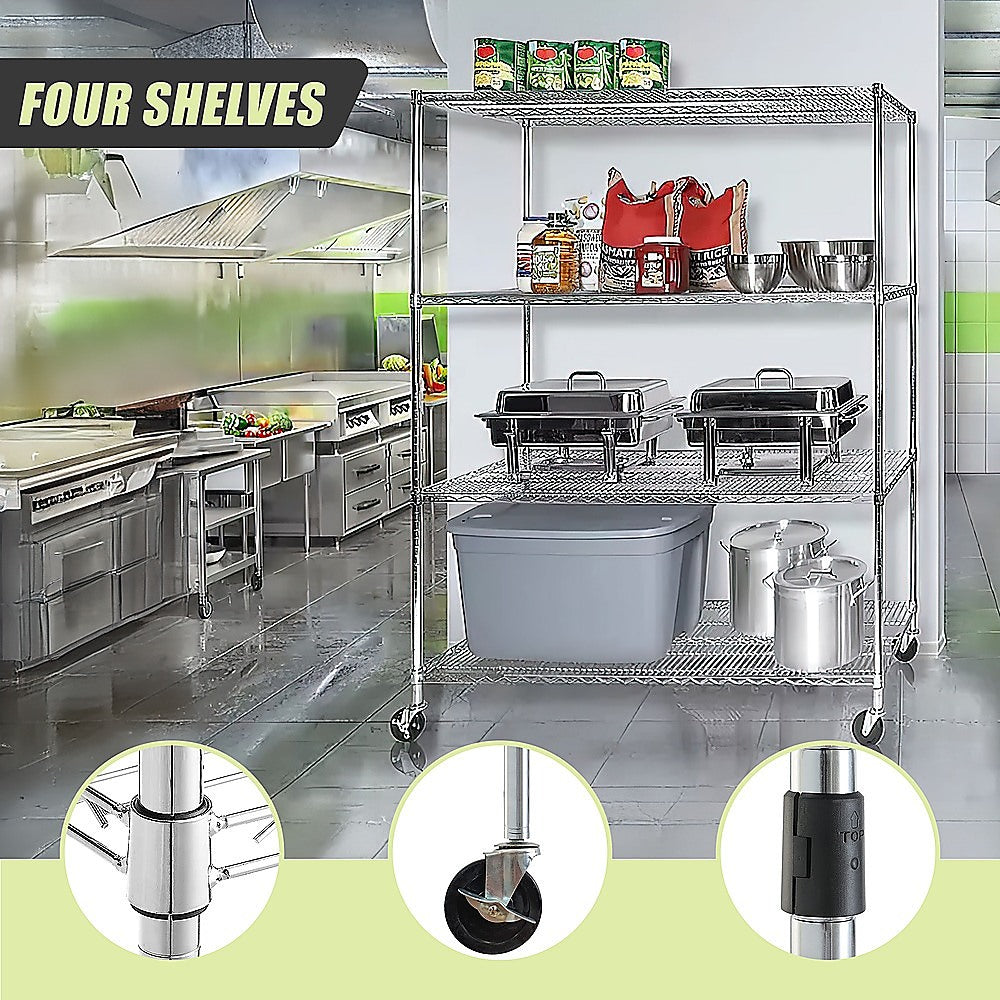 Modular Wire Storage 150x45cm Steel Shelving Chrome With Wheels For Garage Warehouse Or Kitchen Organisation
