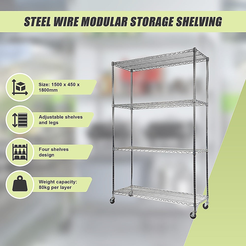 Modular Wire Storage 150x45cm Steel Shelving Chrome With Wheels For Garage Warehouse Or Kitchen Organisation