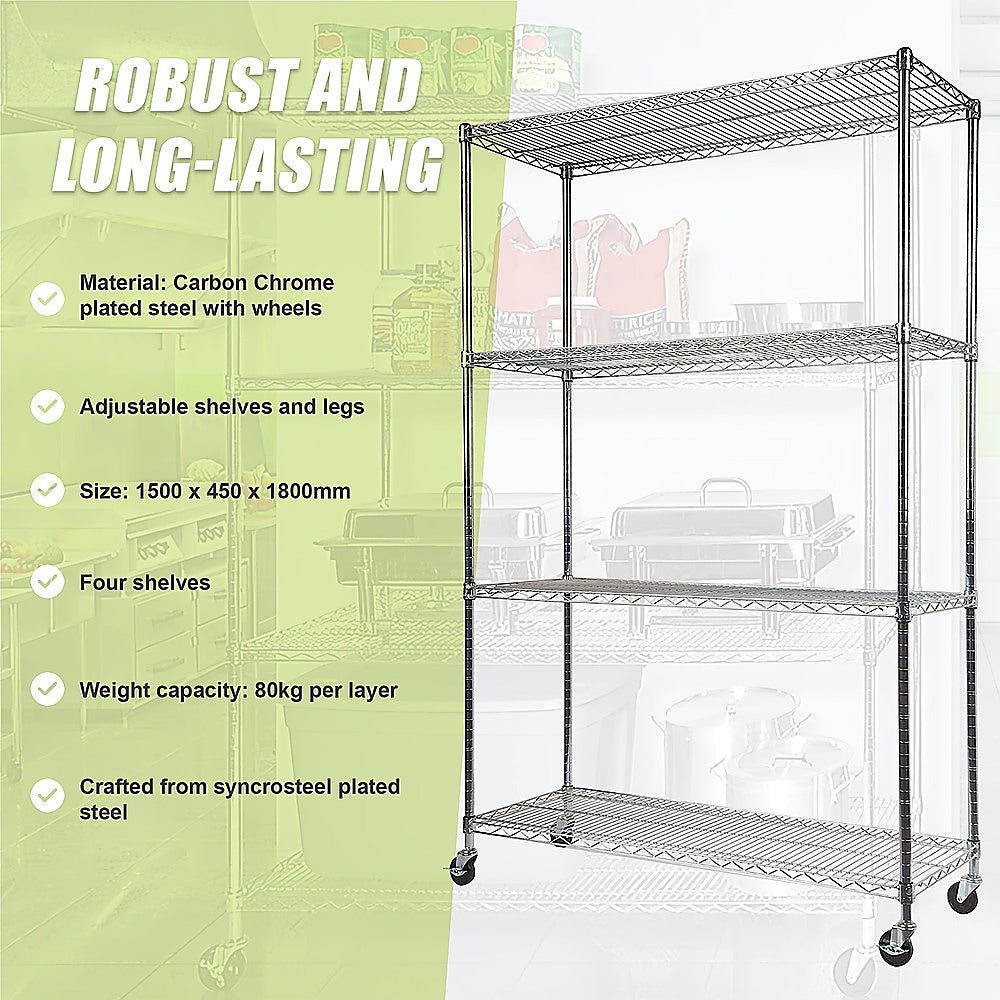 Modular Wire Storage 150x45cm Steel Shelving Chrome With Wheels For Garage Warehouse Or Kitchen Organisation