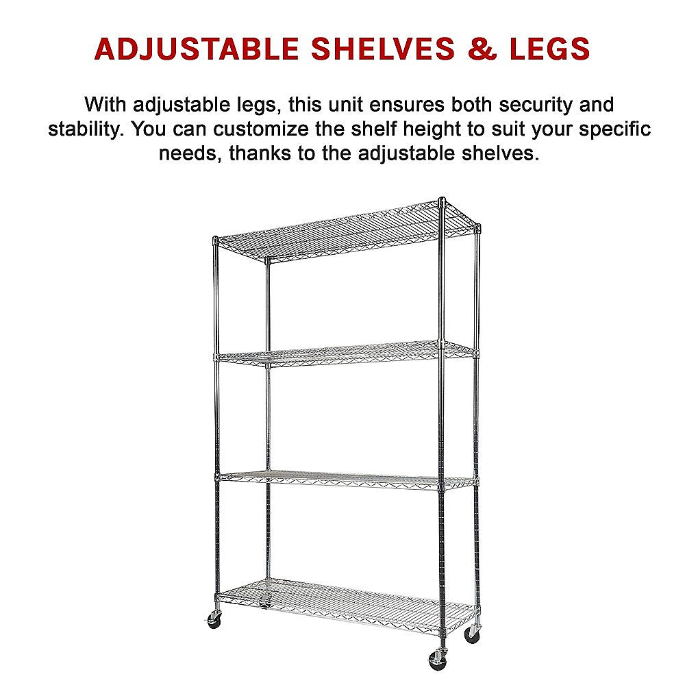 Modular Wire Storage 150x45cm Steel Shelving Chrome With Wheels For Garage Warehouse Or Kitchen Organisation