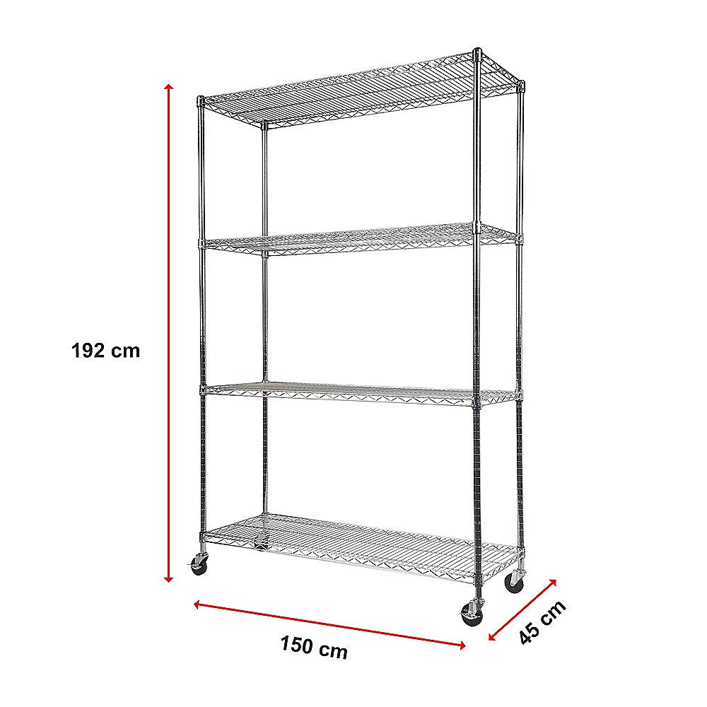 Modular Wire Storage 150x45cm Steel Shelving Chrome With Wheels For Garage Warehouse Or Kitchen Organisation