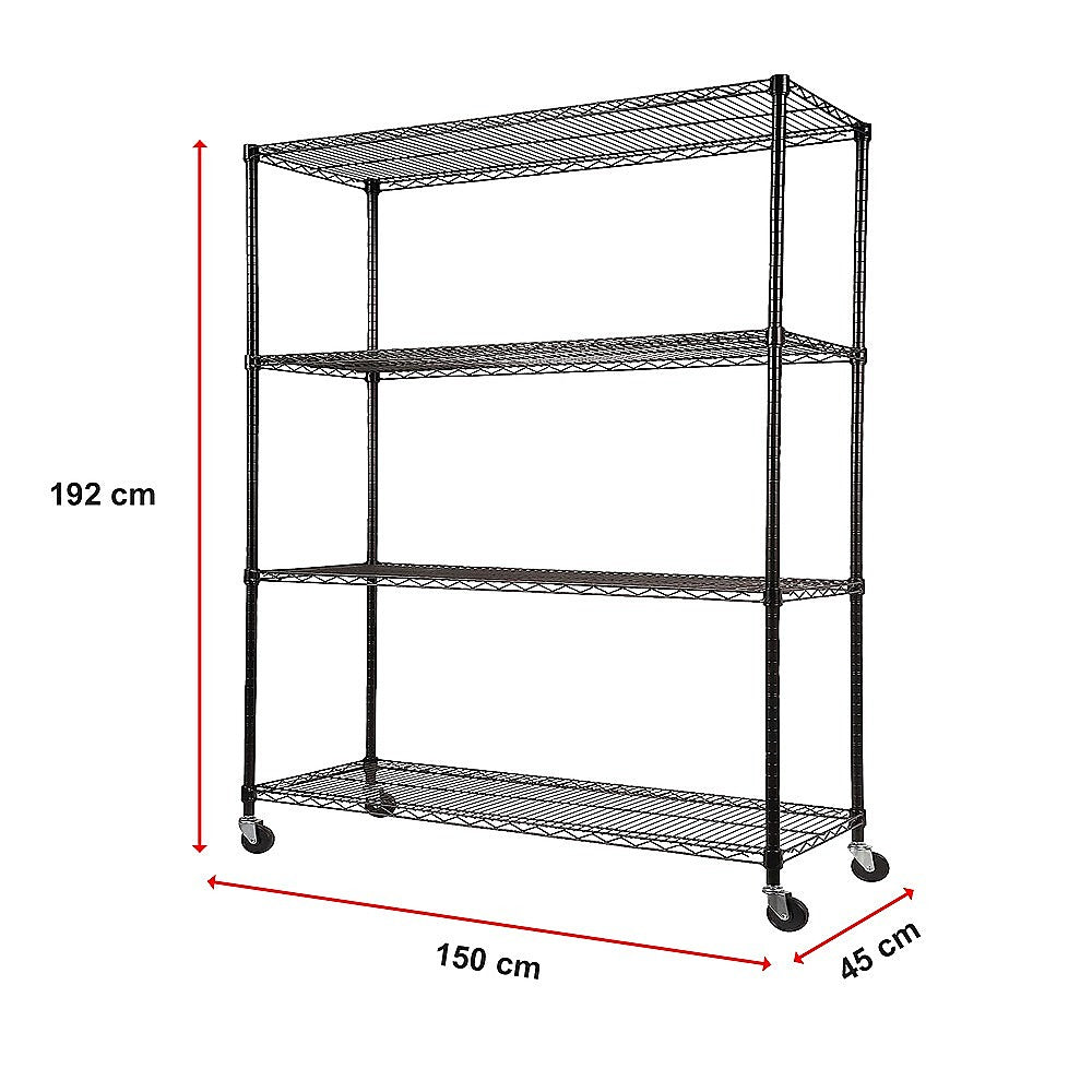 Modular Wire Storage 150x45cm Steel Shelving Black With Wheels For Garage Warehouse Or Kitchen Organisation