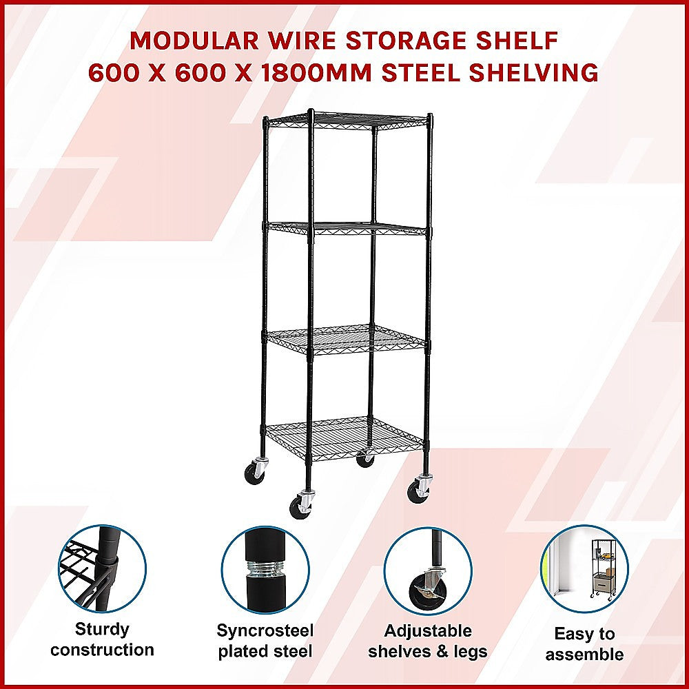 Modular Wire Storage 60x60cm Steel Shelving Black With Wheels