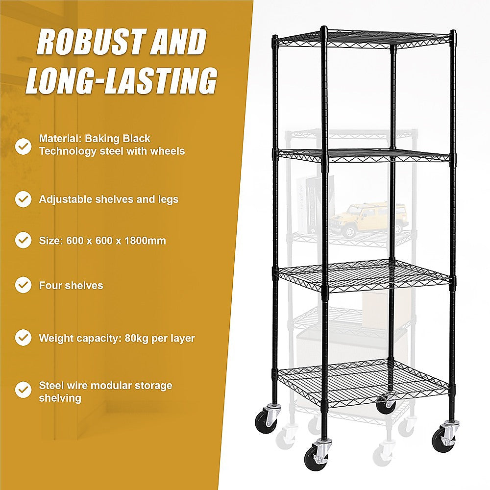 Modular Wire Storage 60x60cm Steel Shelving Black With Wheels