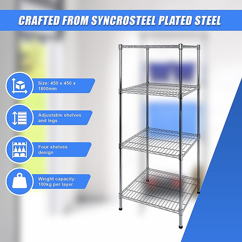 Modular Wire Storage 45x45cm Steel Shelving Chrome With Fixed Legs For Garage Warehouse Or Kitchen Organisation