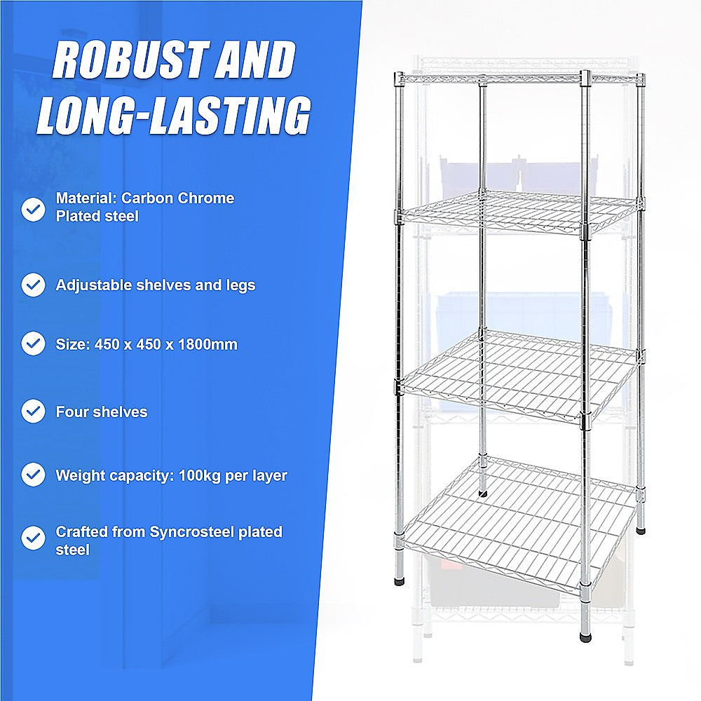 Modular Wire Storage 45x45cm Steel Shelving Chrome With Fixed Legs For Garage Warehouse Or Kitchen Organisation