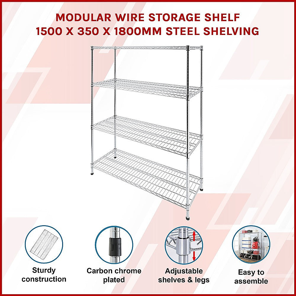 Modular Wire Storage 150x35cm Steel Shelving Chrome With Fixed Legs For Garage Warehouse Or Kitchen Organisation