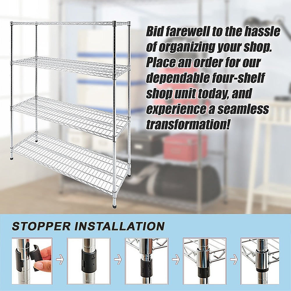 Modular Wire Storage 150x35cm Steel Shelving Chrome With Fixed Legs For Garage Warehouse Or Kitchen Organisation