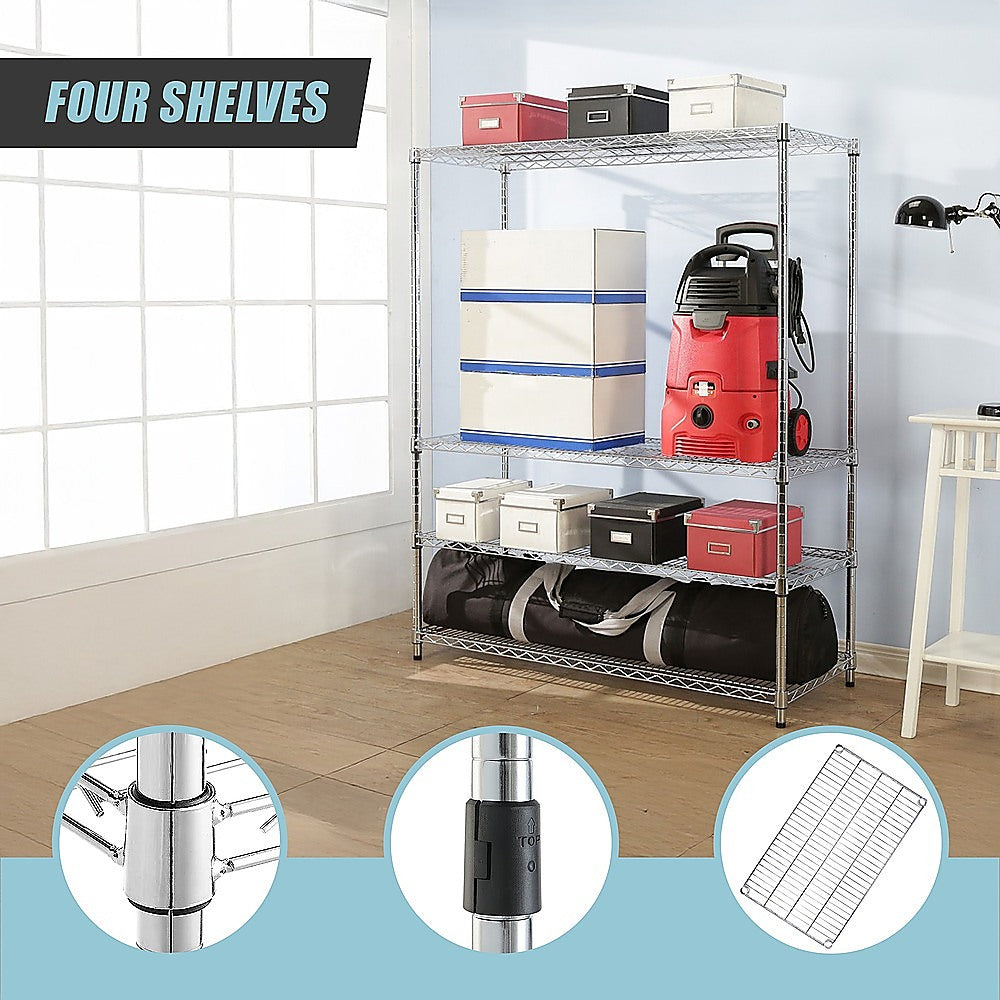 Modular Wire Storage 150x35cm Steel Shelving Chrome With Fixed Legs For Garage Warehouse Or Kitchen Organisation