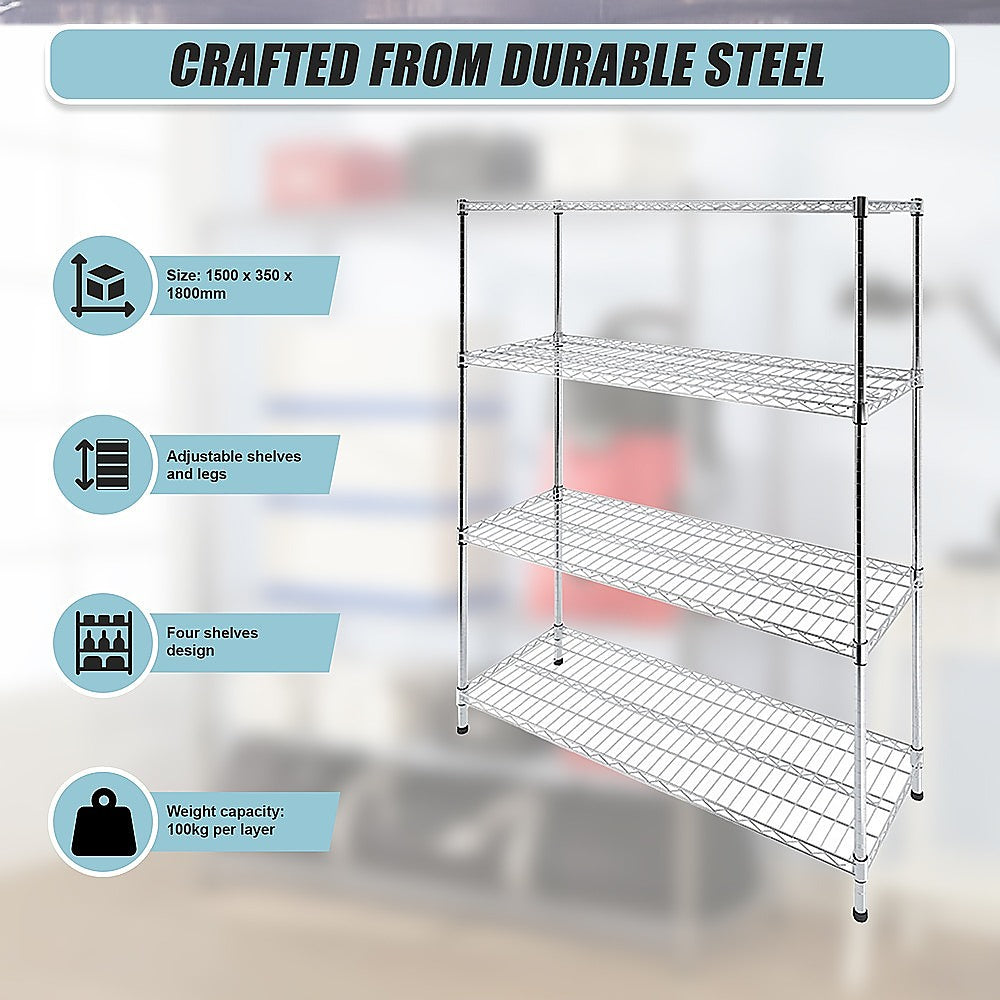 Modular Wire Storage 150x35cm Steel Shelving Chrome With Fixed Legs For Garage Warehouse Or Kitchen Organisation