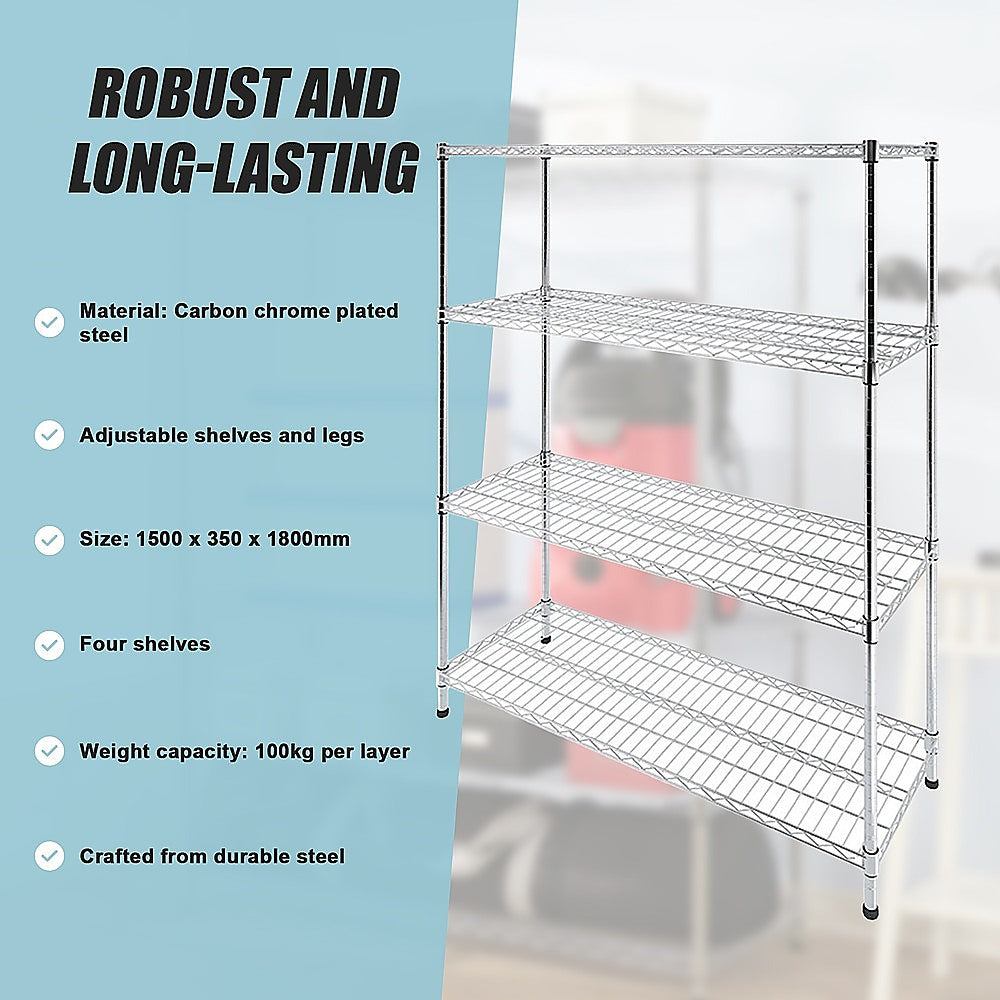 Modular Wire Storage 150x35cm Steel Shelving Chrome With Fixed Legs For Garage Warehouse Or Kitchen Organisation