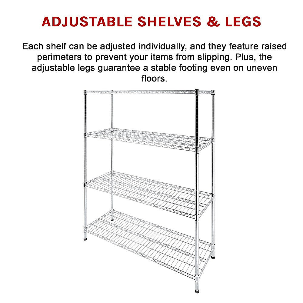 Modular Wire Storage 150x35cm Steel Shelving Chrome With Fixed Legs For Garage Warehouse Or Kitchen Organisation