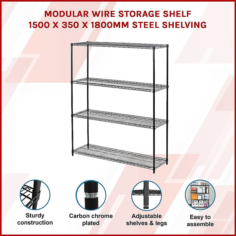 Modular Wire Storage 150x35cm Steel Shelving Black With Fixed Legs For Garage Warehouse Or Kitchen Organisation