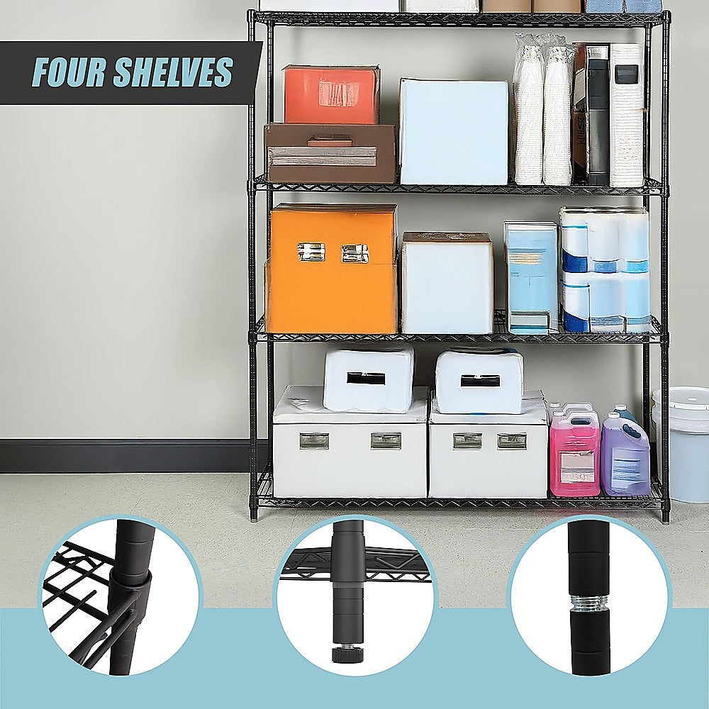 Modular Wire Storage 150x35cm Steel Shelving Black With Fixed Legs For Garage Warehouse Or Kitchen Organisation