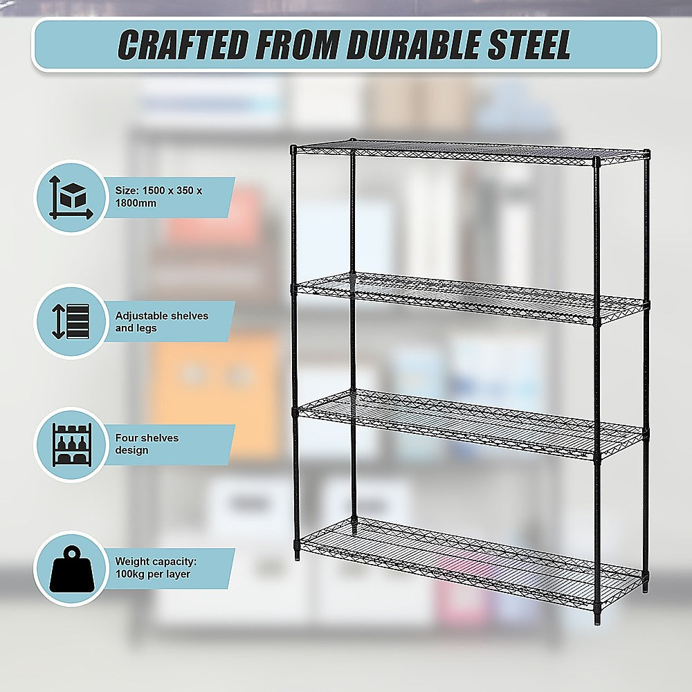 Modular Wire Storage 150x35cm Steel Shelving Black With Fixed Legs For Garage Warehouse Or Kitchen Organisation