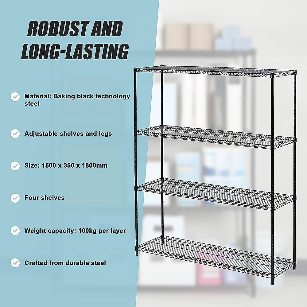 Modular Wire Storage 150x35cm Steel Shelving Black With Fixed Legs For Garage Warehouse Or Kitchen Organisation
