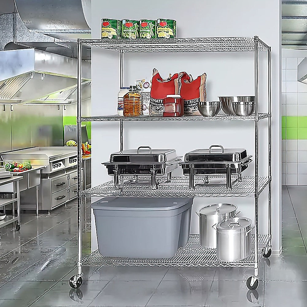 Modular Wire Storage 150x35cm Steel Shelving Chrome With Wheels For Garage Warehouse Or Kitchen Organisation