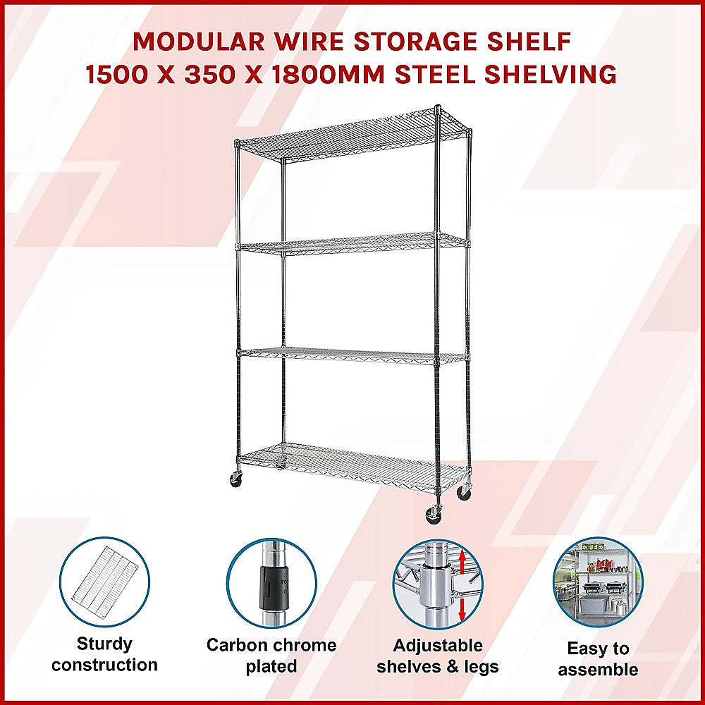 Modular Wire Storage 150x35cm Steel Shelving Chrome With Wheels For Garage Warehouse Or Kitchen Organisation