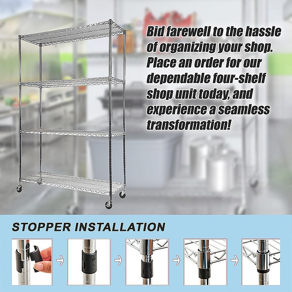 Modular Wire Storage 150x35cm Steel Shelving Chrome With Wheels For Garage Warehouse Or Kitchen Organisation